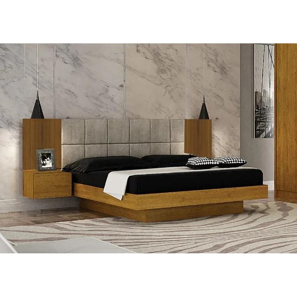 Cama Casal Braga Estofada Com 2 Mesas de Cabeceiras Leifer