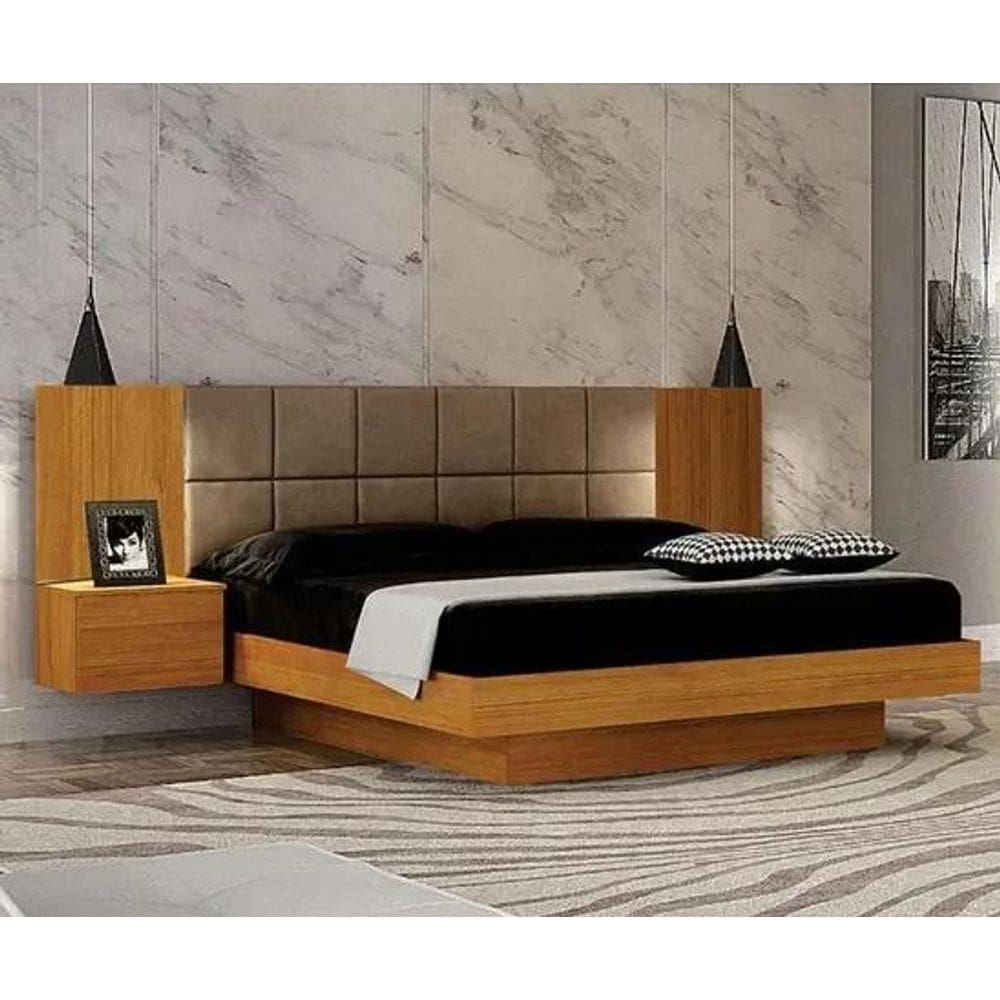 Cama Casal Braga Estofada Com 2 Mesas de Cabeceiras Leifer