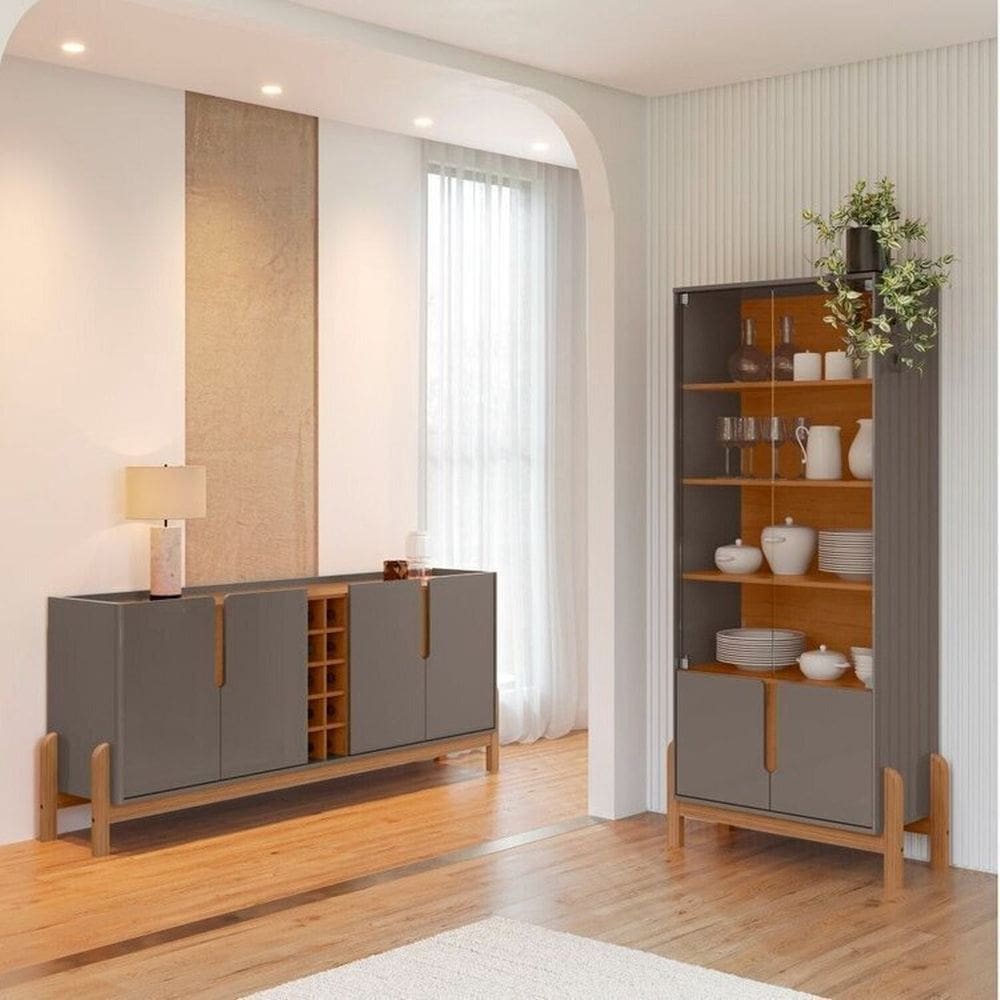 Buffet 190cm e Cristaleira com Pés de Madeira Maciça Lizz Cinza Perola / Cedro