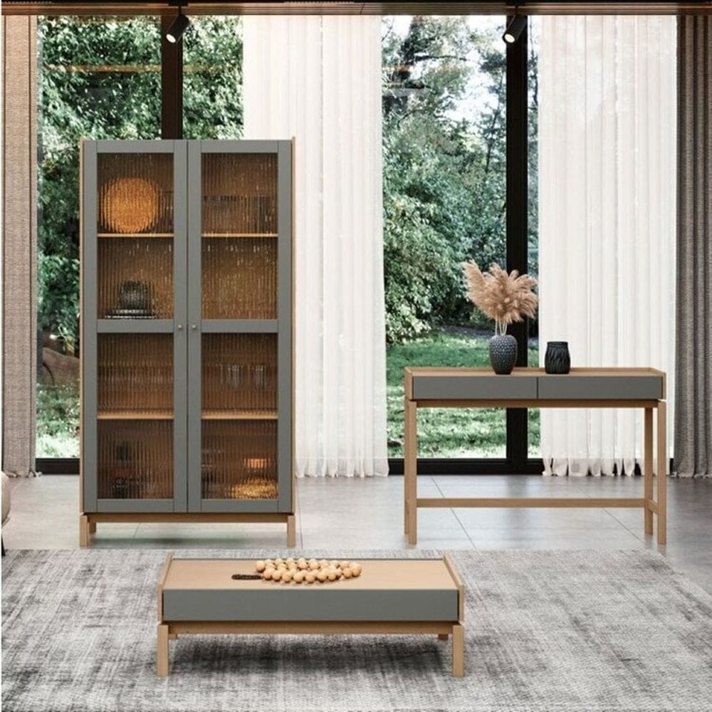 Conjunto Cristaleira + Aparador + Mesa de Centro - Linha Barcelona Oak/Ferrolack