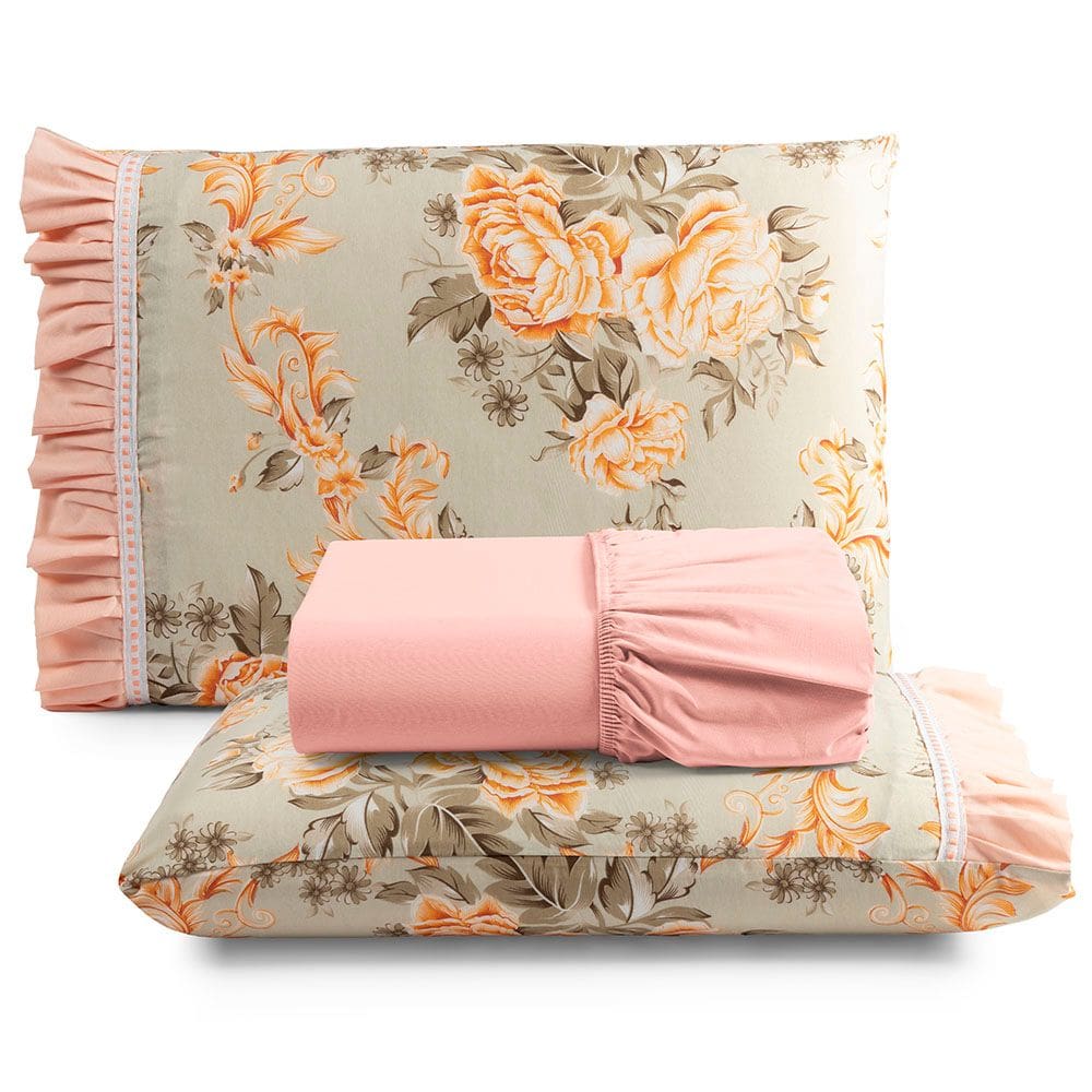 Jogo Cama Lençol Fiore Casal Padrão Estampado 180 Fios 100% Algodão com Babadinho 3 Peças Salmão Floral