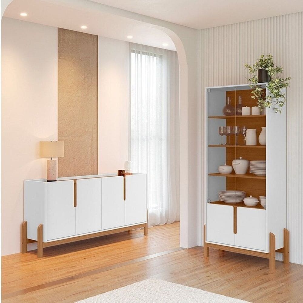 Buffet 170cm e Cristaleira com Pés de Madeira Maciça Lizz Branco / Cedro