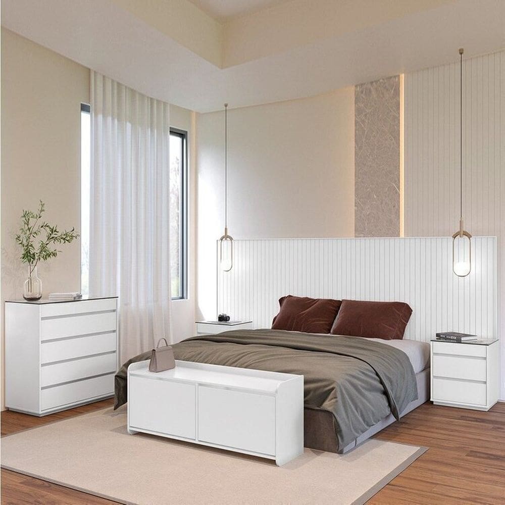 Conjunto Cabeceira Florença King/Casal - Cômoda + Mesas de cabeceira + Sapateira Branco