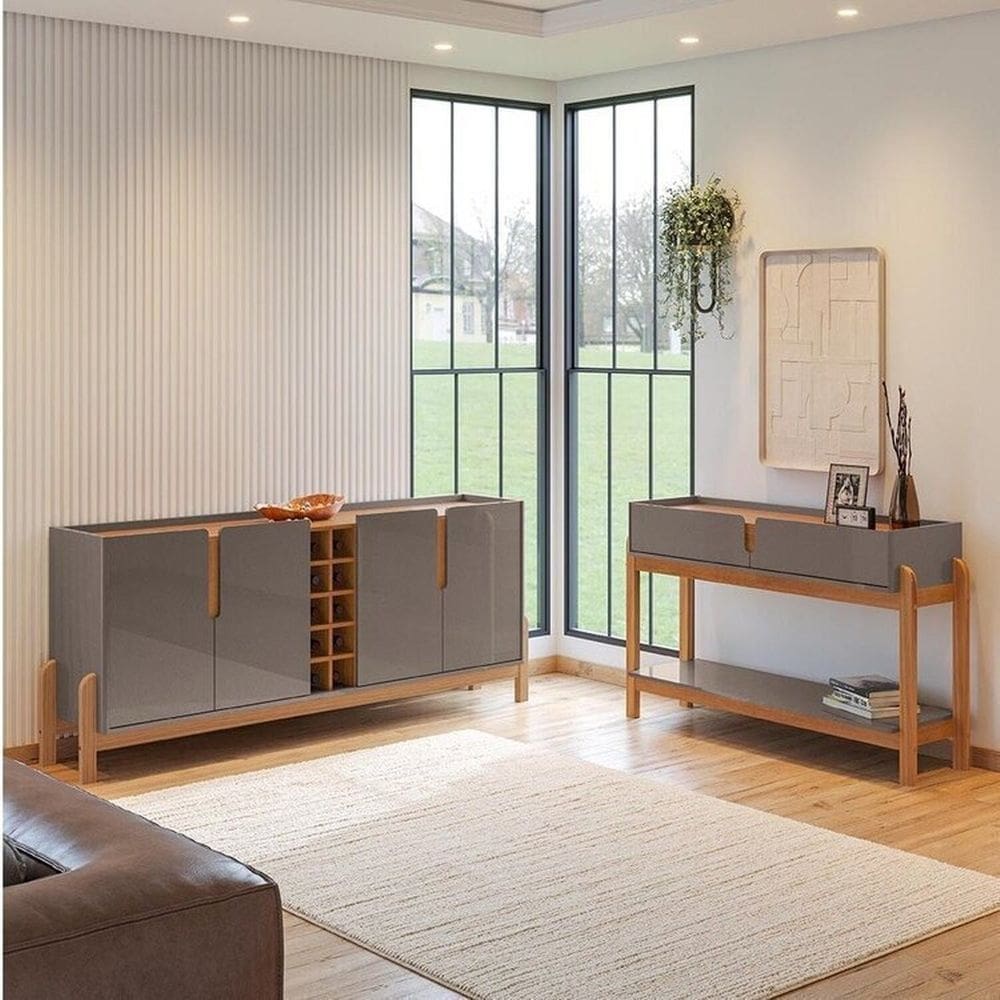 Buffet 190cm e Aparador 2 Gavetas com Pés de Madeira Maciça Lizz Cinza Perola / Cedro