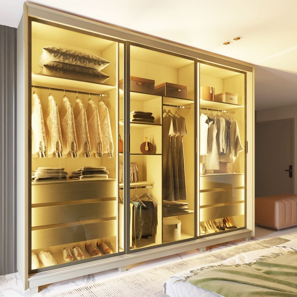 Guarda Roupa Casal Platinum 3 Portas Reflecta 100% Mdf Led Off White - Gelius Móveis