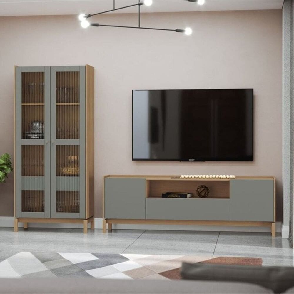 Conjunto Cristaleira 1,80 + Rack 2 Portas 1 Gaveta - Linha Barcelona Oak/Ferrolack