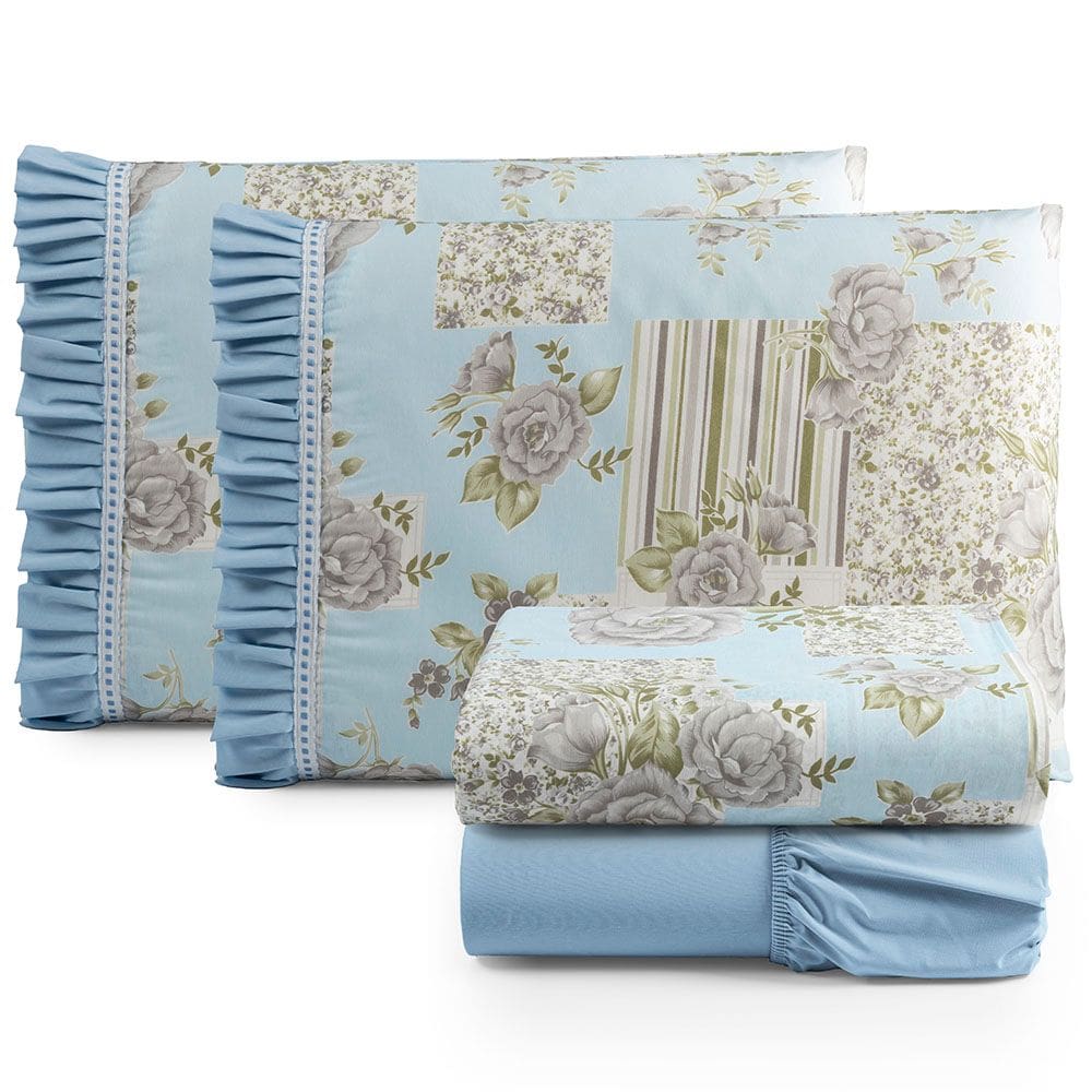 Jogo Cama Lençol Fiore Casal Padrão Estampado 180 Fios 100% Algodão com Babadinho 4 Peças Azul Floral