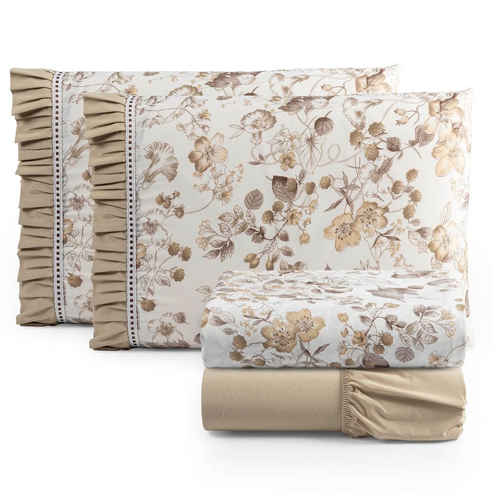 Jogo Cama Lençol Fiore Casal Padrão Estampado 180 Fios 100% Algodão com Babadinho 4 Peças Bege Floral