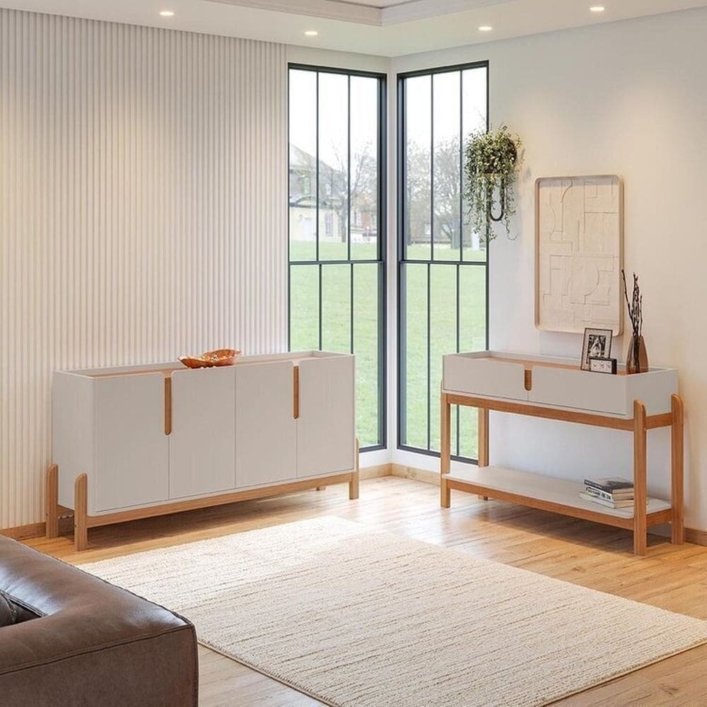 Buffet 170cm e Aparador 2 Gavetas com Pés de Madeira Maciça Lizz Off White / Cedro