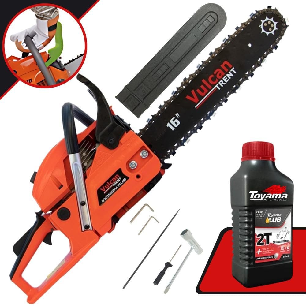Motosserra Motorsserra Profissional Vulcan VSL450 À Gasolina 2T 45cc 2,3HP de Potência, Robusta e de Alta Performance + ÓLEO TOYAMA 2 TEMPOS