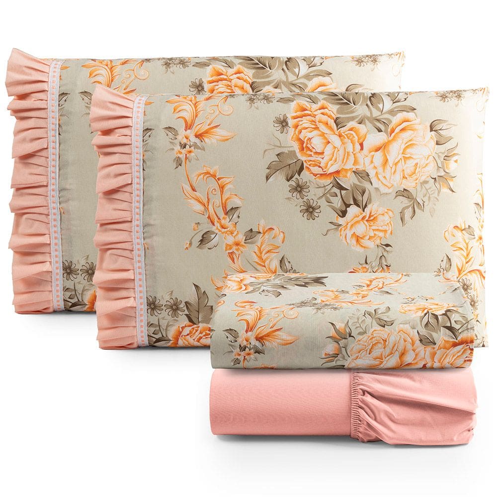 Jogo Cama Lençol Fiore Casal Padrão Estampado 180 Fios 100% Algodão com Babadinho 4 Peças Salmão Floral