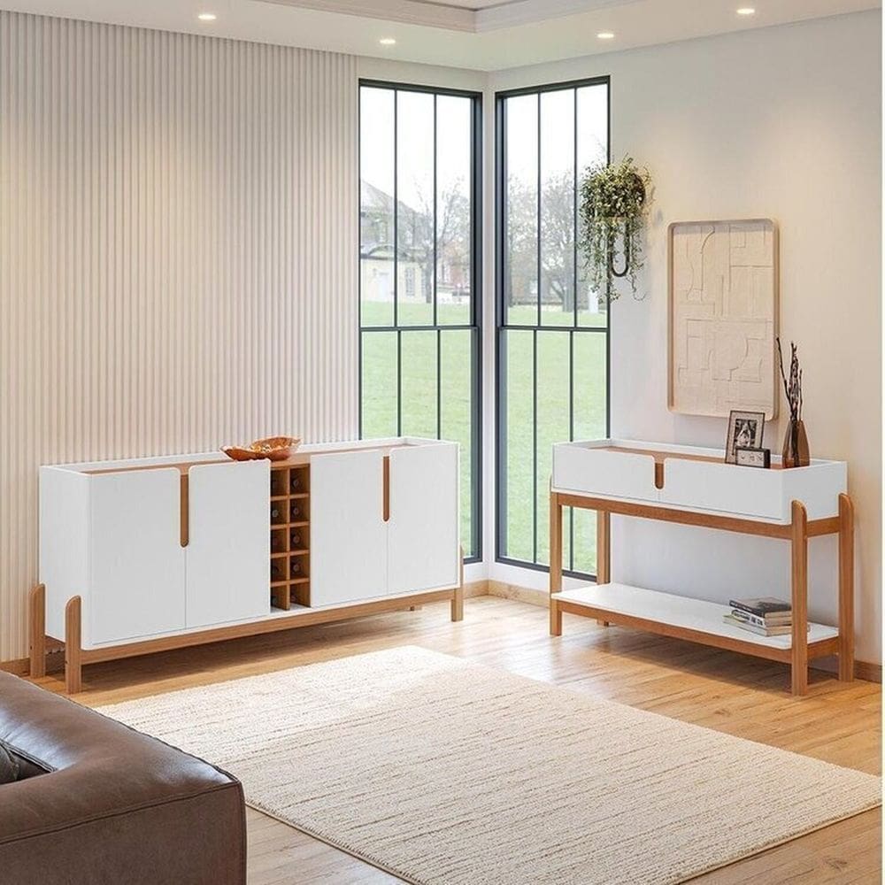 Buffet 190cm e Aparador 2 Gavetas com Pés de Madeira Maciça Lizz Branco / Cedro