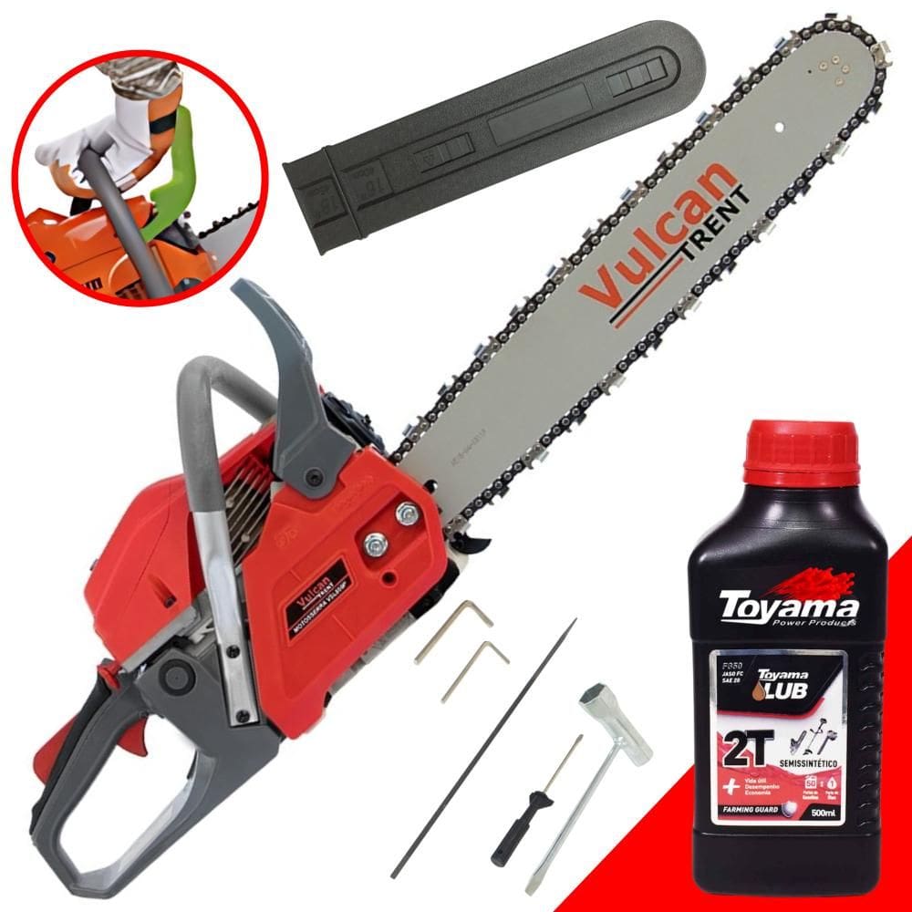 Motosserra Profissional À Gasolina Vulcan VSL-550P 55cc 3,35HP 13.000rpm Alto Desempenho Ideal Para Desdobra de Madeira + ÓLEO TOYAMA 2T
