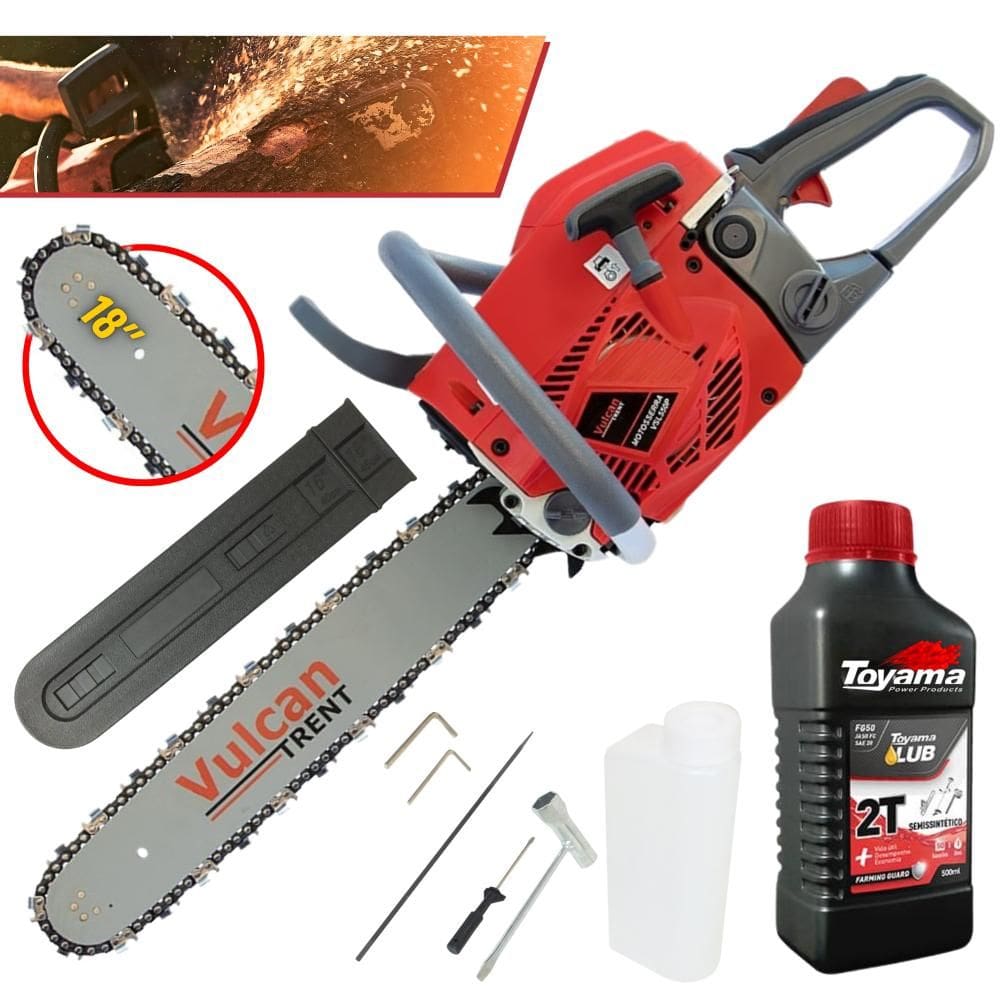 Motosserra Motorsserra Profissional Vulcan VSL550P À Gasolina 2T 55cc 3,35HP de Potência, Robusta e de Alta Performance + ÓLEO LUBRIFICANTE TOYAMA 2T
