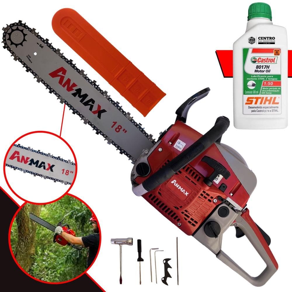 Motosserra Robusta Anmax CS5200-B À Gasolina 52cc 2,7HP 11.000rpm Motor 2 Tempos Com Sabre 18’` Ponta Rolante Para Desdobra de Madeira + ÓLEO STIHL