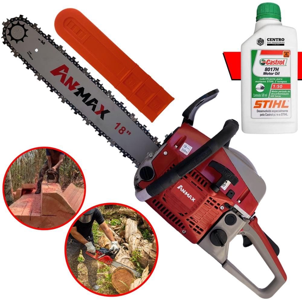 Motosserra À Gasolina Anmax CS5200B 52cc 2,7HP 11.000rpm Sabre 18’` Corrente 32 Dentes Profissional Para Todos os Tipos de Corte + ÓLEO STIHL