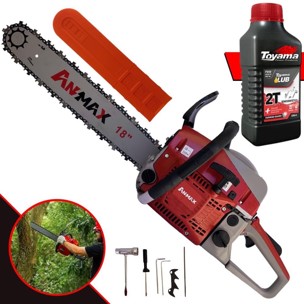 Motor Serra À Gasolina Anmax CS5200B 52cc 2,7HP 11.000rpm Motosserra Profissional Sabre 18’` Para Poda de Galhos e Corte de Árvores + ÓLEO TOYAMA 2T