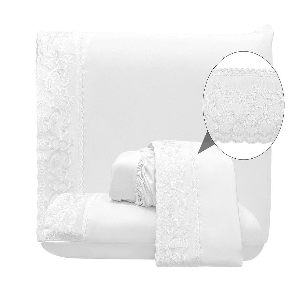 Jogo Lençol Casal Nuanc Bordado Inglês 4pç 100% Poliéster - Branco