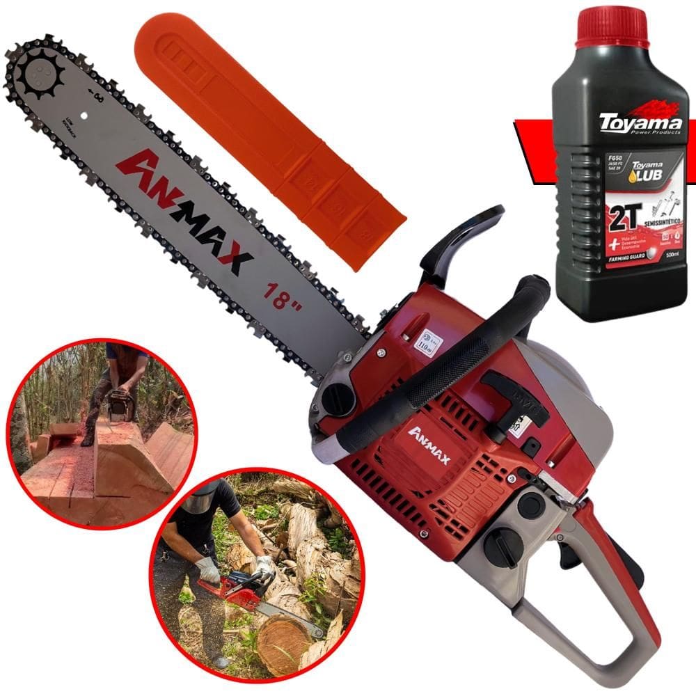 Motosserra Profissional Anmax CG5200B À Gasolina 2T 52cc 2,7HP 11.000rpm Robusta e Resistente Sabre 18’` Para Desdobra de Madeira + ÓLEO TOYAMA 2T