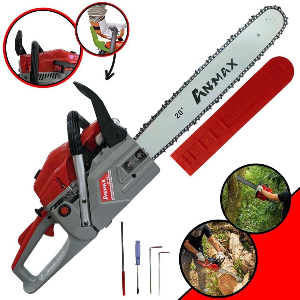 Motosserra Anmax CS5800A À Gasolina 2T 58cc 3HP de Potência Alta Rotação e Performance Com Sabre 20’` Para Poda de Galhos e Desdobra de Madeira