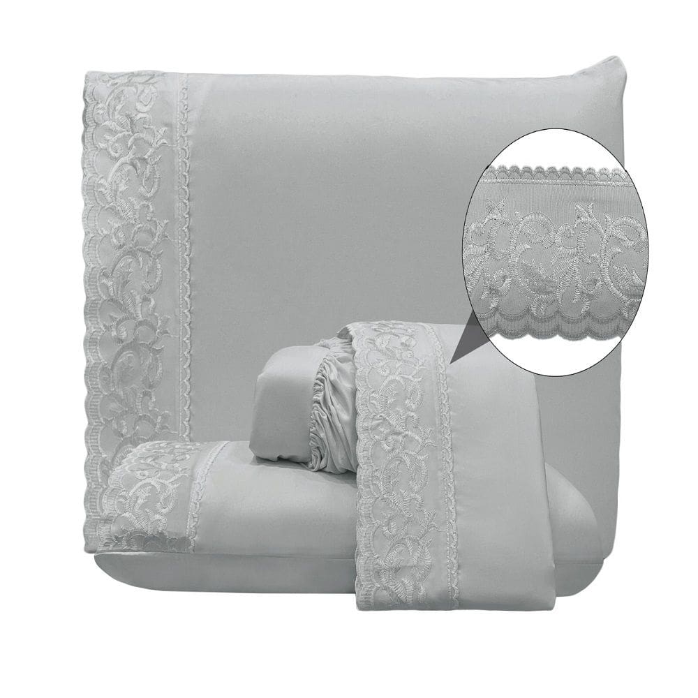 Jogo Lençol Queen Nuanc Bordado Inglês 4pç 100% Poliéster - Cinza