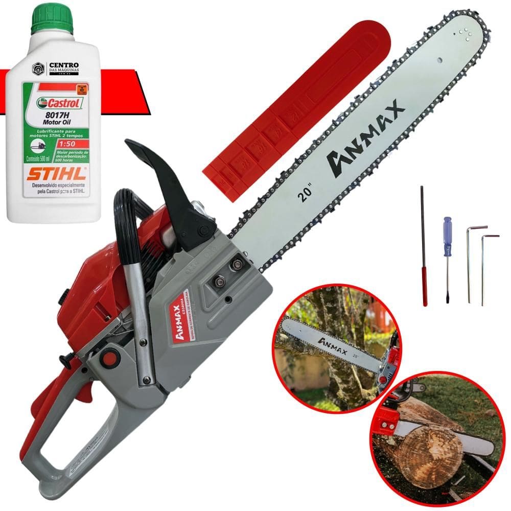 Motosserra À Gasolina Anmax CS5800-A 58cc 3HP 11.000rpm Robusta de Alta Performance Com Sabre 20 Polegadas Ponta Rolante + ÓLEO STIHL 2 TEMPOS