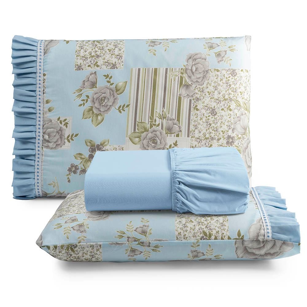 Jogo Cama Lençol Fiore King Estampado 180 Fios 100% Algodão com Babadinho 3 Peças Azul Floral
