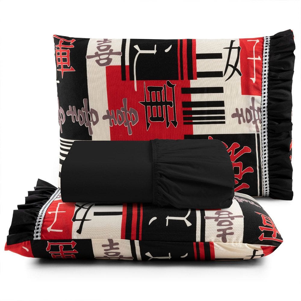 Jogo Cama Lençol Fiore King Estampado 180 Fios 100% Algodão com Babadinho 3 Peças Preto Oriental Japonês