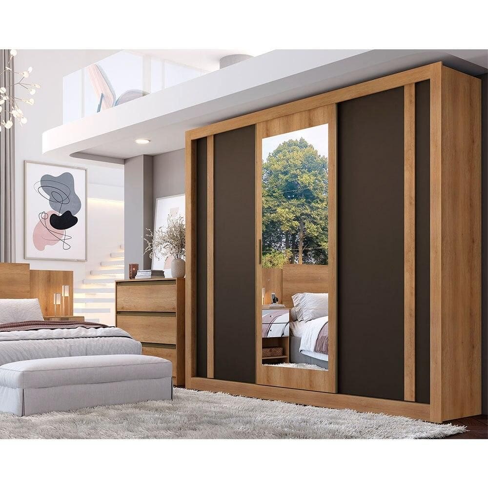 Guarda-Roupa Casal THB Ibiza Glass, 3 Portas de Correr com Espelho Reversíveis, Cappuccino / Off White e Cacau, 227 cm