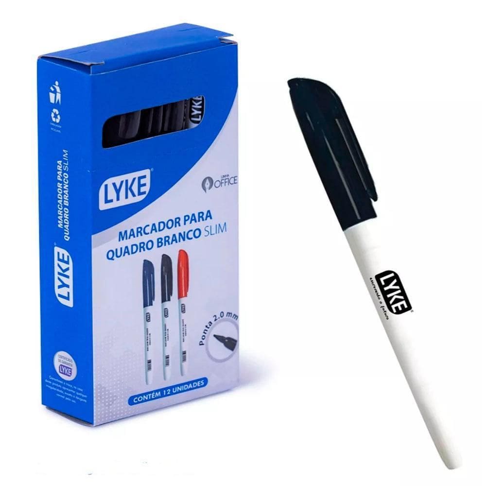 Caneta Marcador Quadro Branco Slim 2Mm Preto 12Und Lyke