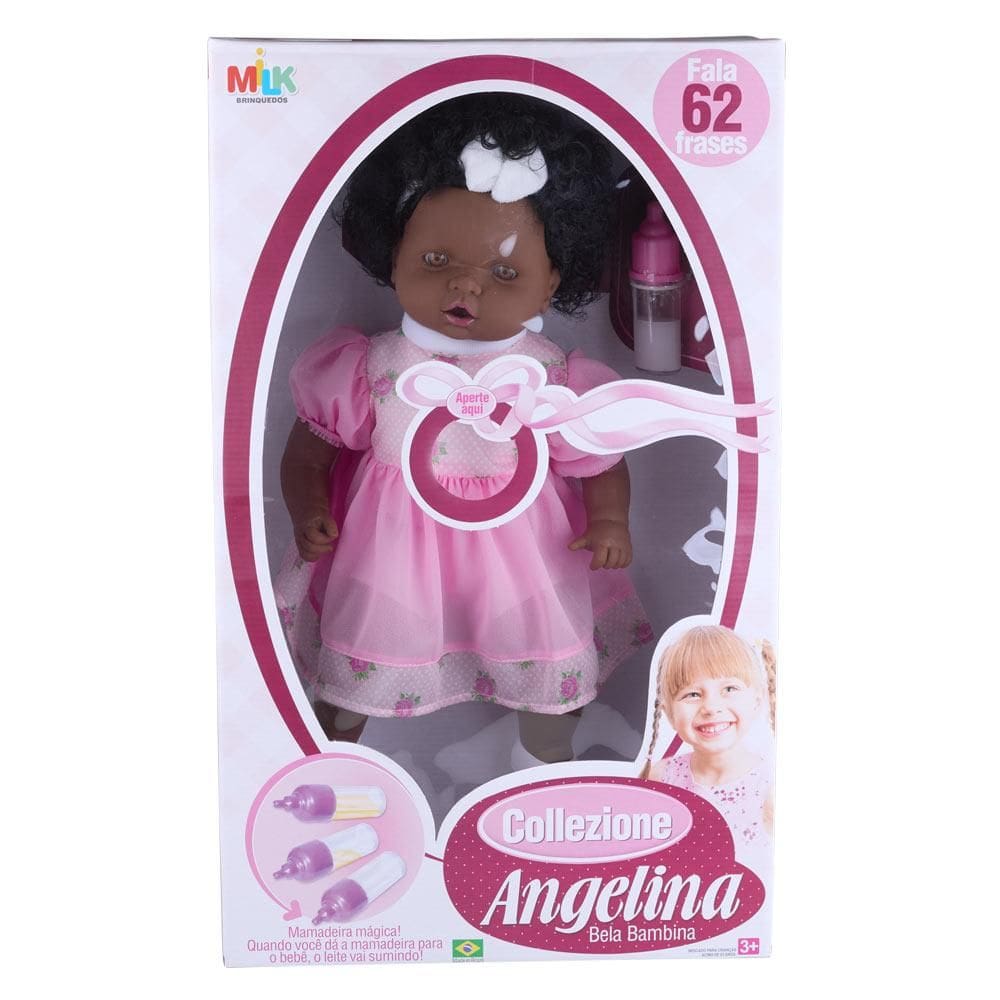 Boneca Angelina Negra Collezione 62 Frases Milk Brinquedos 0212