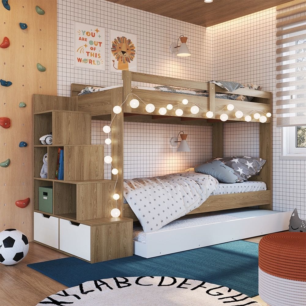 Treliche Infantil com Escada, Nichos e Gavetas BI005 Linha Infanto Aveiro OAK Branco Completa Móveis
