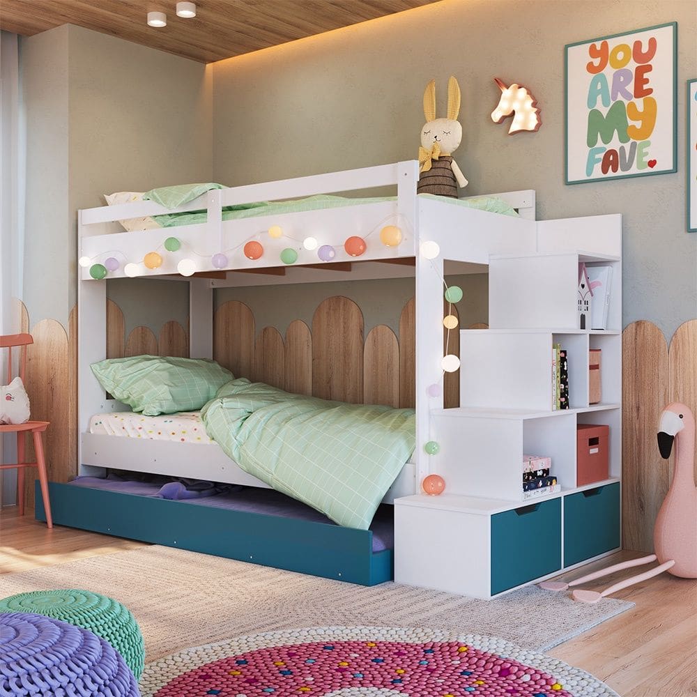 Treliche Infantil com Escada, Nichos e Gavetas BI005 Linha Infanto Branco Azul Secreto Completa Móveis