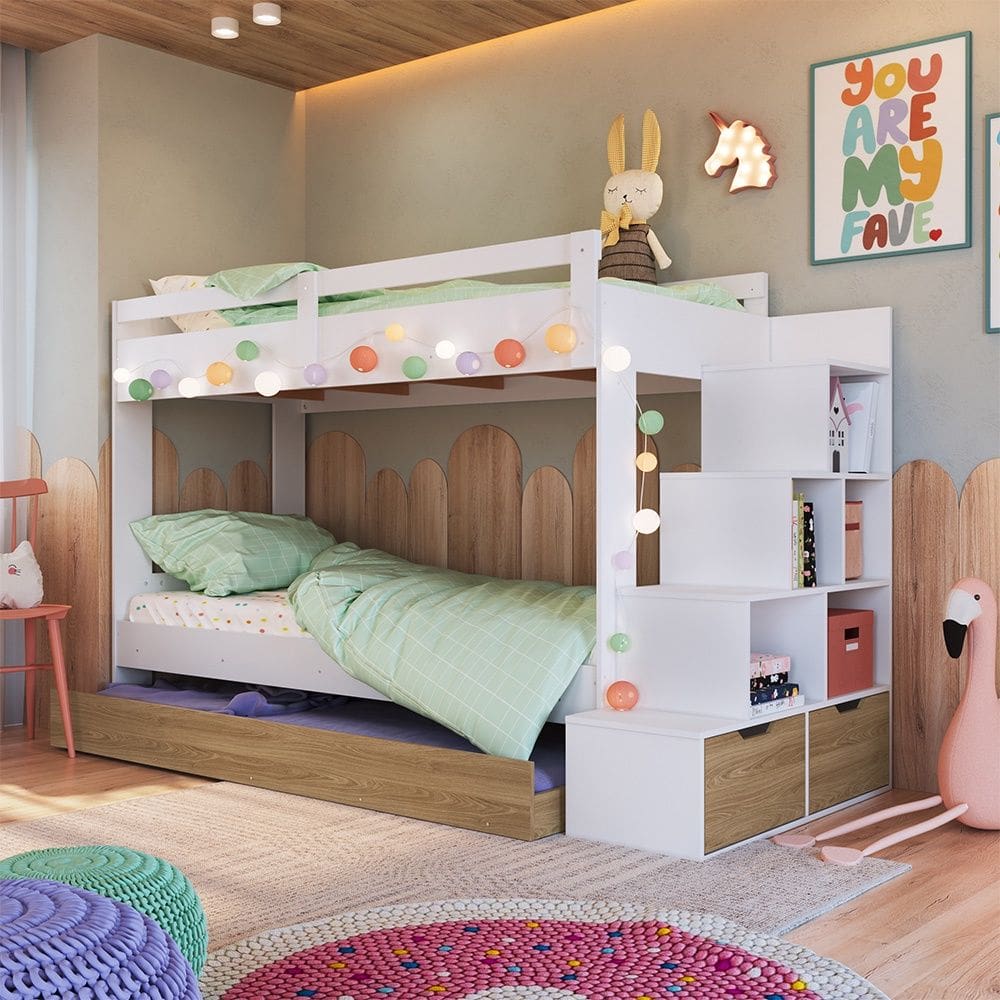 Treliche Infantil com Escada, Nichos e Gavetas BI005 Linha Infanto Branco Aveiro OAK Completa Móveis