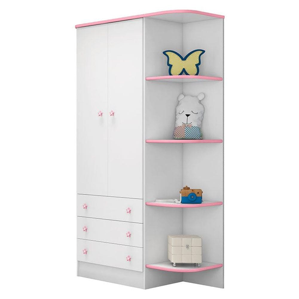Guarda Roupa Infantil 2 Portas com Cantoneira 105 Doce Sonho Branco Rosa Brilho - Qmovi