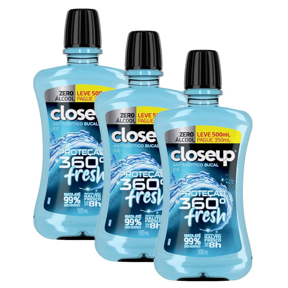 Kit 3 Enxaguante Bucal Closeup Ice Proteção 360° Fresh Zero Álcool Leve 500ml Pague 350ml