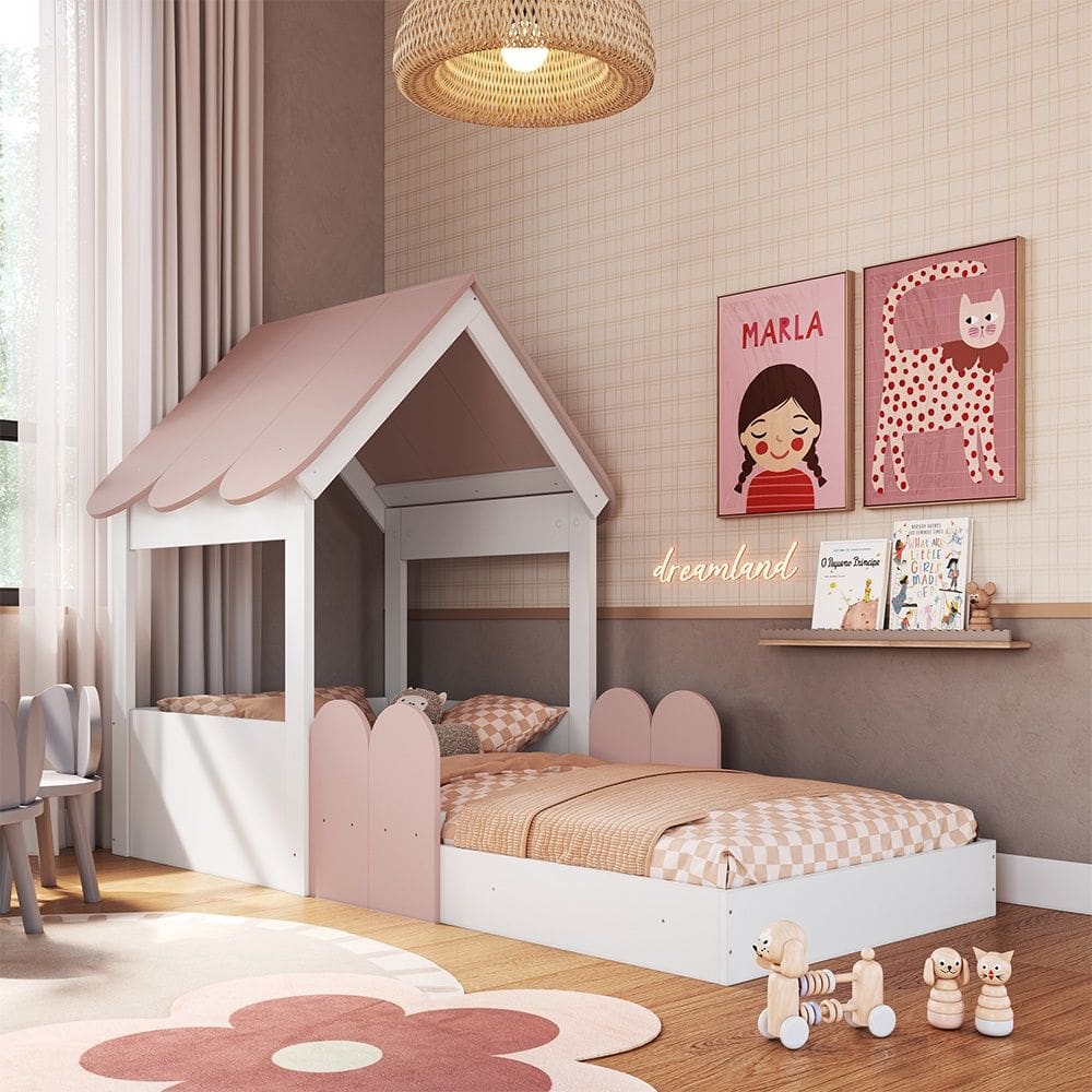 Cama Infantil Montessoriana em Forma de Casinha CCM040 Linha Infanto Branco Rosa Milkshake Completa Móveis