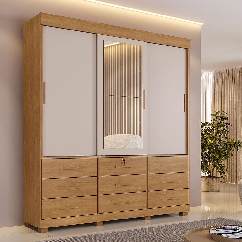 Guarda Roupa Casal com Espelho 3 Portas de Correr 9 Gavetas com Pés Londres Benetil