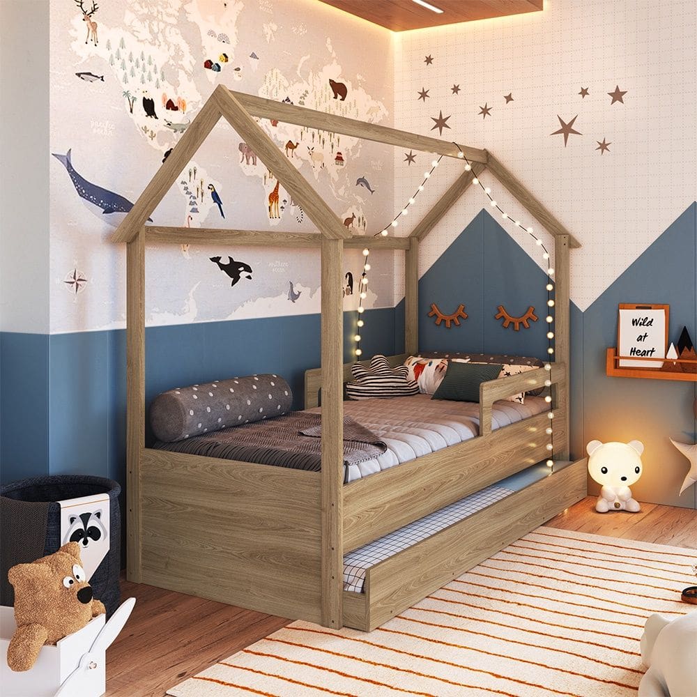 Cama Infantil Montessoriana Estilo Casinha com Cama Auxiliar CCM020 Linha Infanto Aveiro OAK Completa Móveis