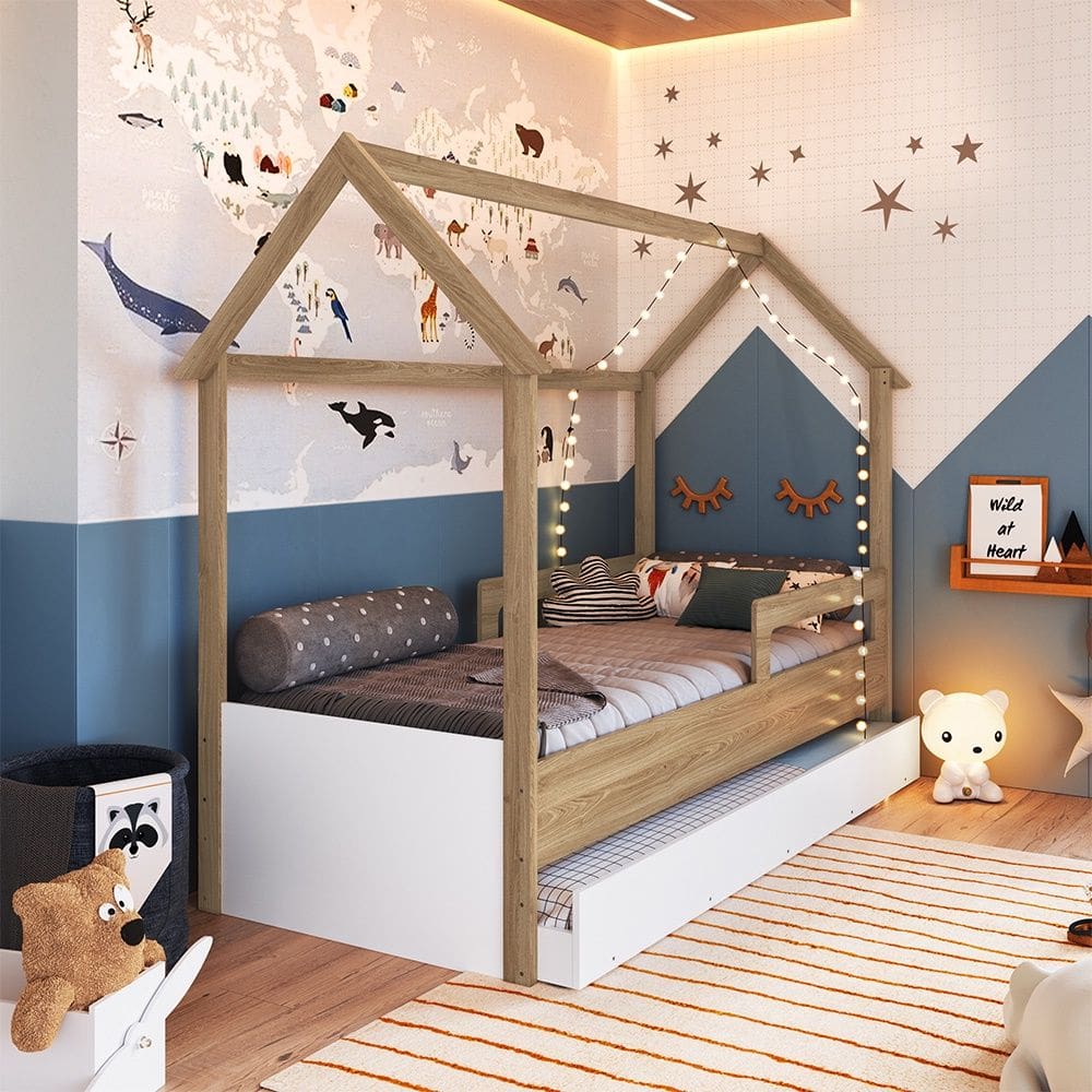 Cama Infantil Montessoriana Estilo Casinha com Cama Auxiliar CCM020 Linha Infanto Aveiro OAK Branco Completa Móveis