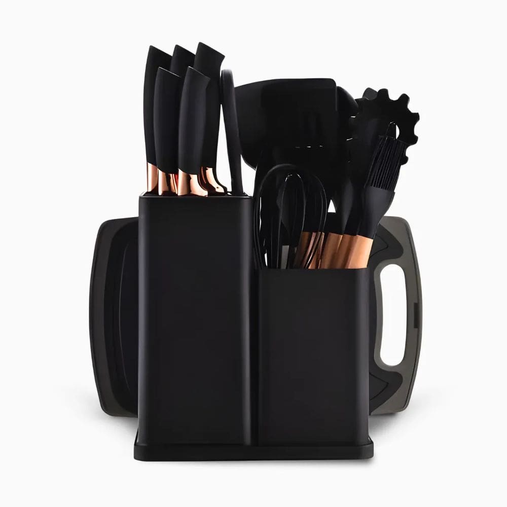 Kit 19 Pçs Utensílios de Silicone + Jogo de Facas Profissionais Antiaderente Alta Temperatura Preto