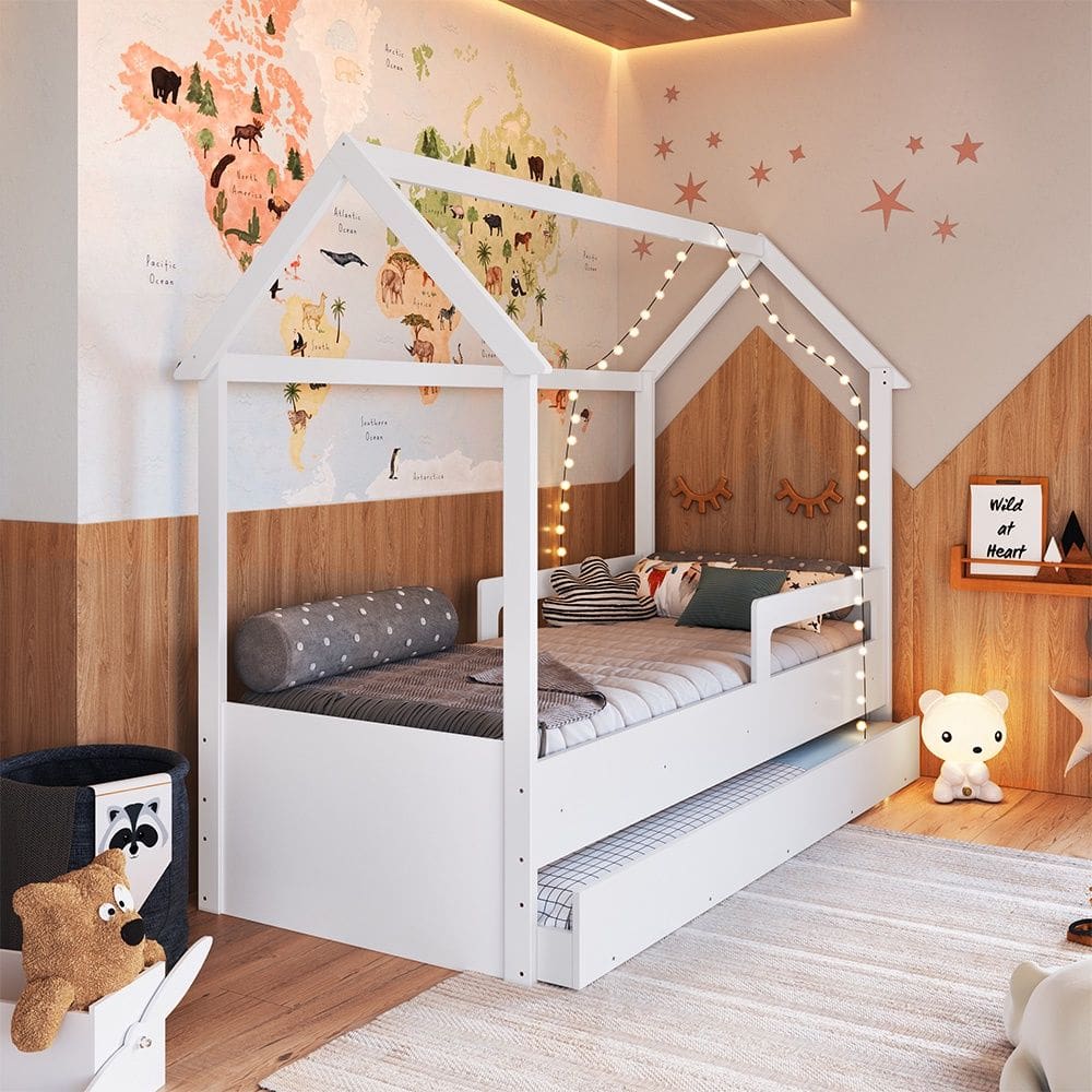 Cama Infantil Montessoriana Estilo Casinha com Cama Auxiliar CCM020 Linha Infanto Branco Completa Móveis
