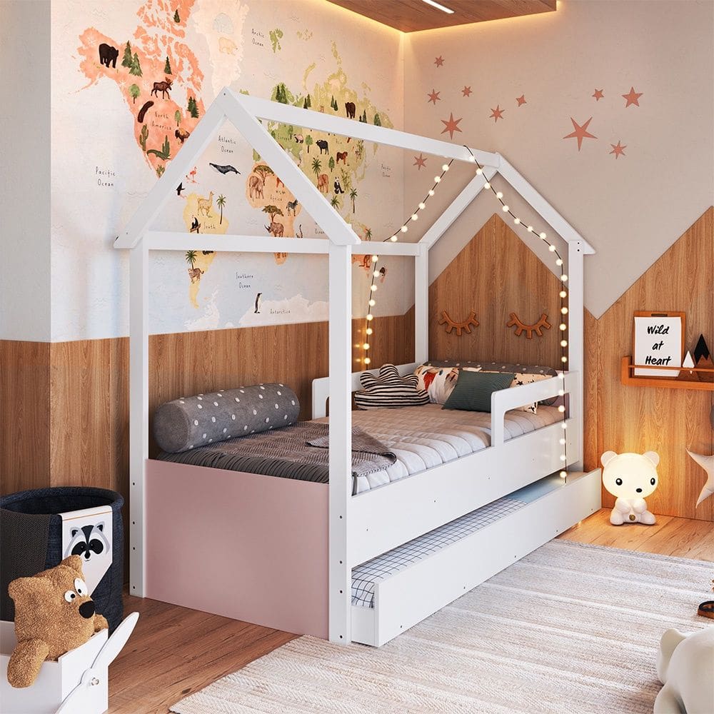 Cama Infantil Montessoriana Estilo Casinha com Cama Auxiliar CCM020 Linha Infanto Branco Rosa Completa Móveis
