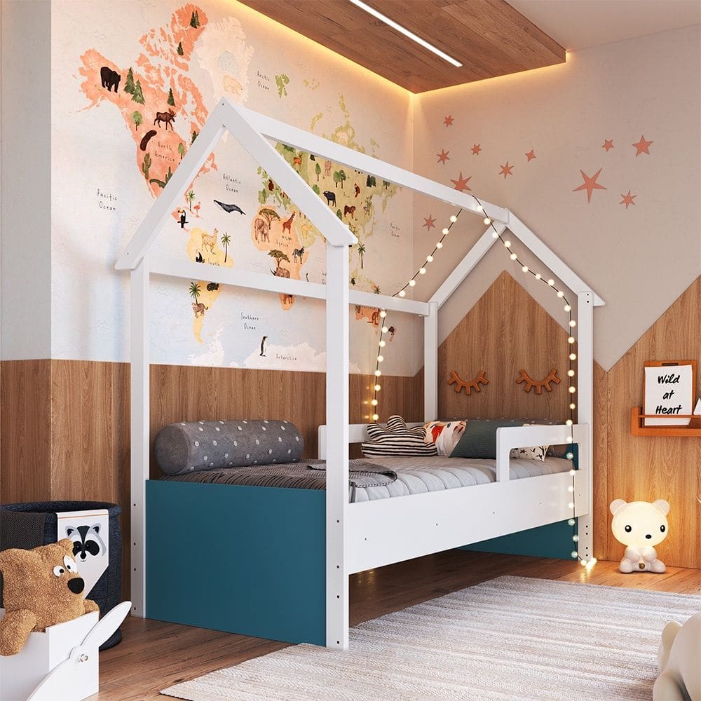 Cama Infantil Montessoriana Estilo Casinha CCM010 Linha Infanto Branco Azul Secreto Completa Móveis