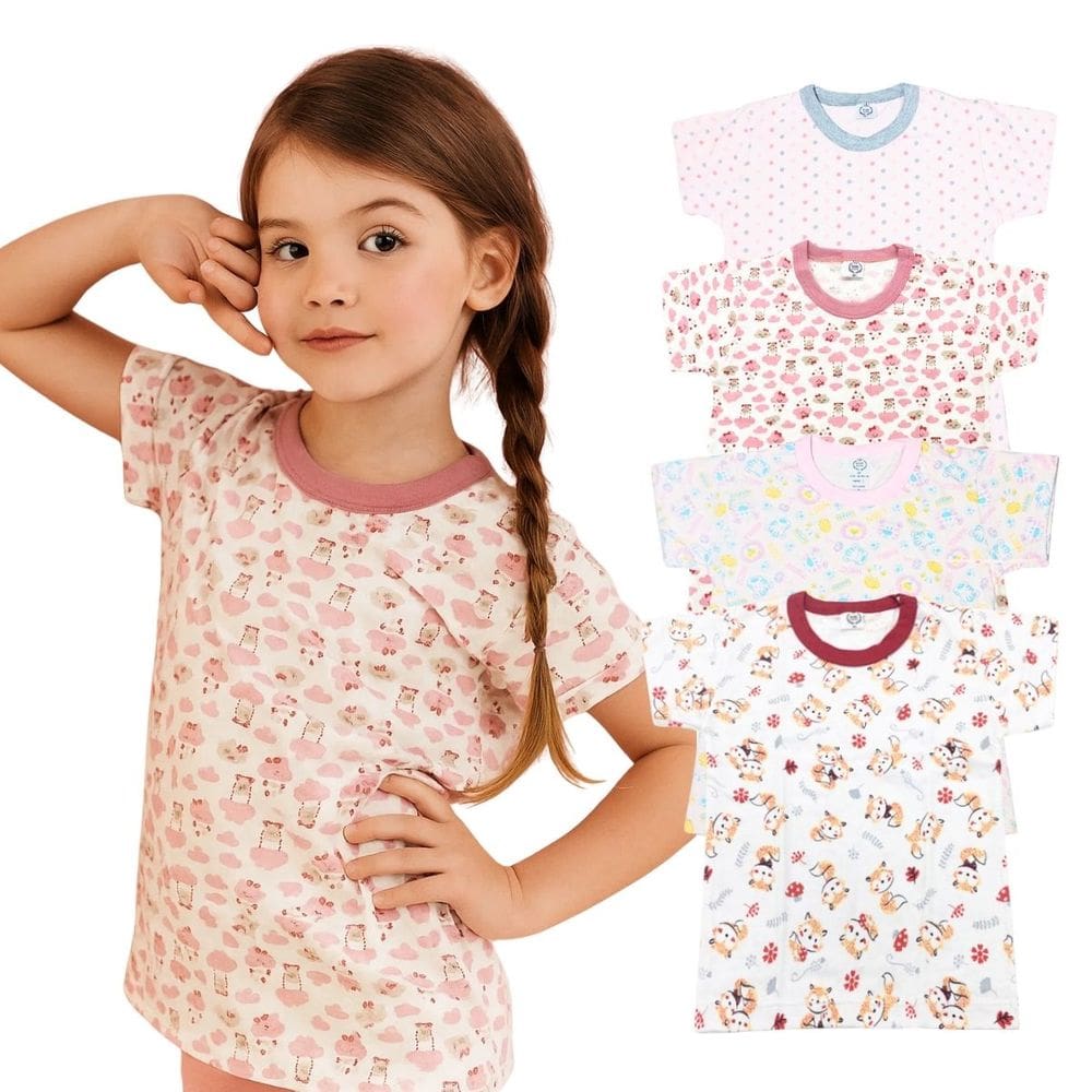 Camiseta Infantil Menina Bebe Manga Curta Basica 100% Algodao 1/2/3 Estampas diversas Baby Deluxe