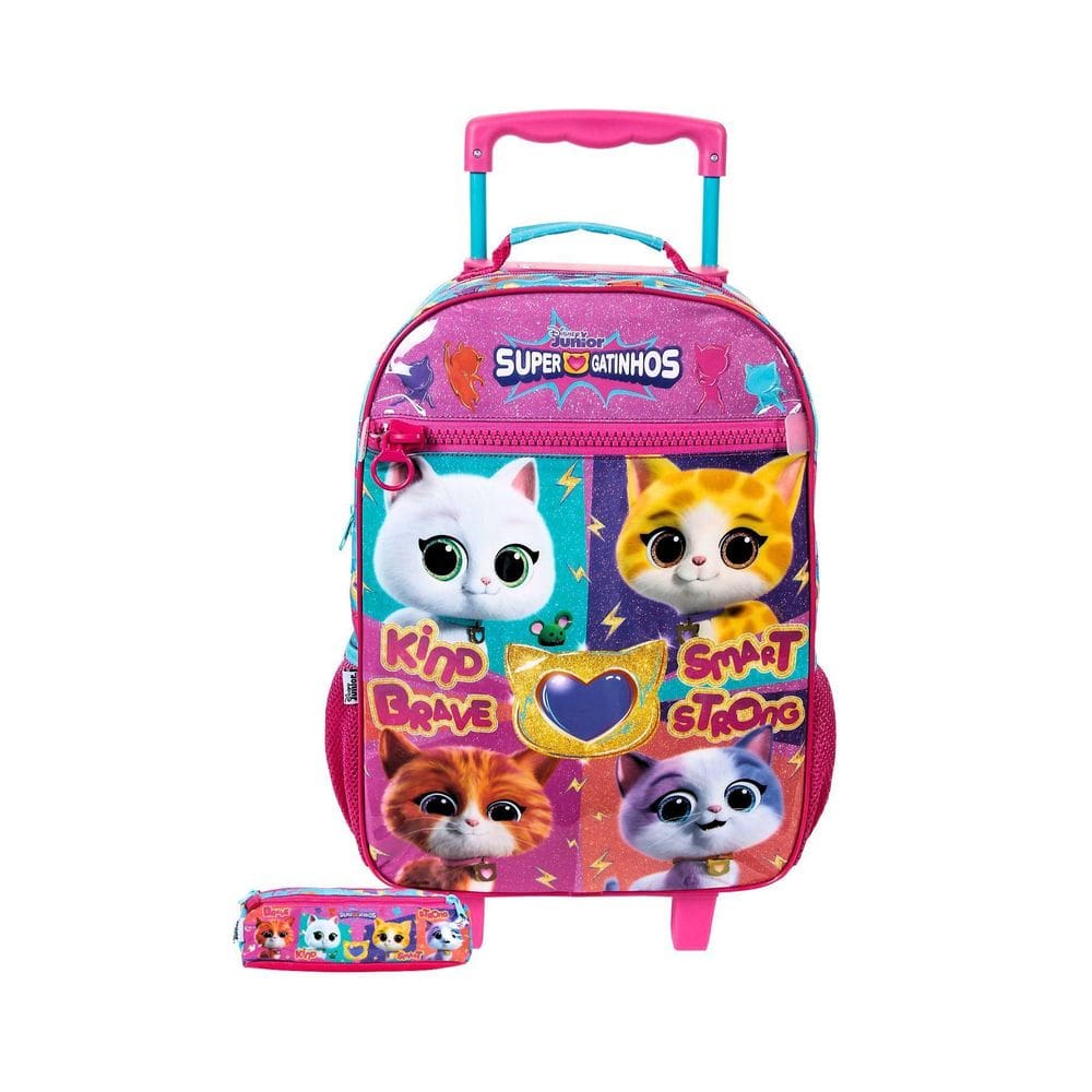 Kit Escolar Super Gatinhos Mochila De Rodas + Estojo Duplo