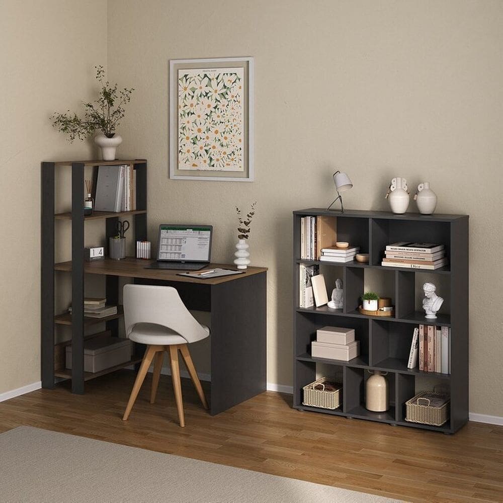 Conjunto Escrivaninha Match e Estante Book com Diversos Nichos Preto