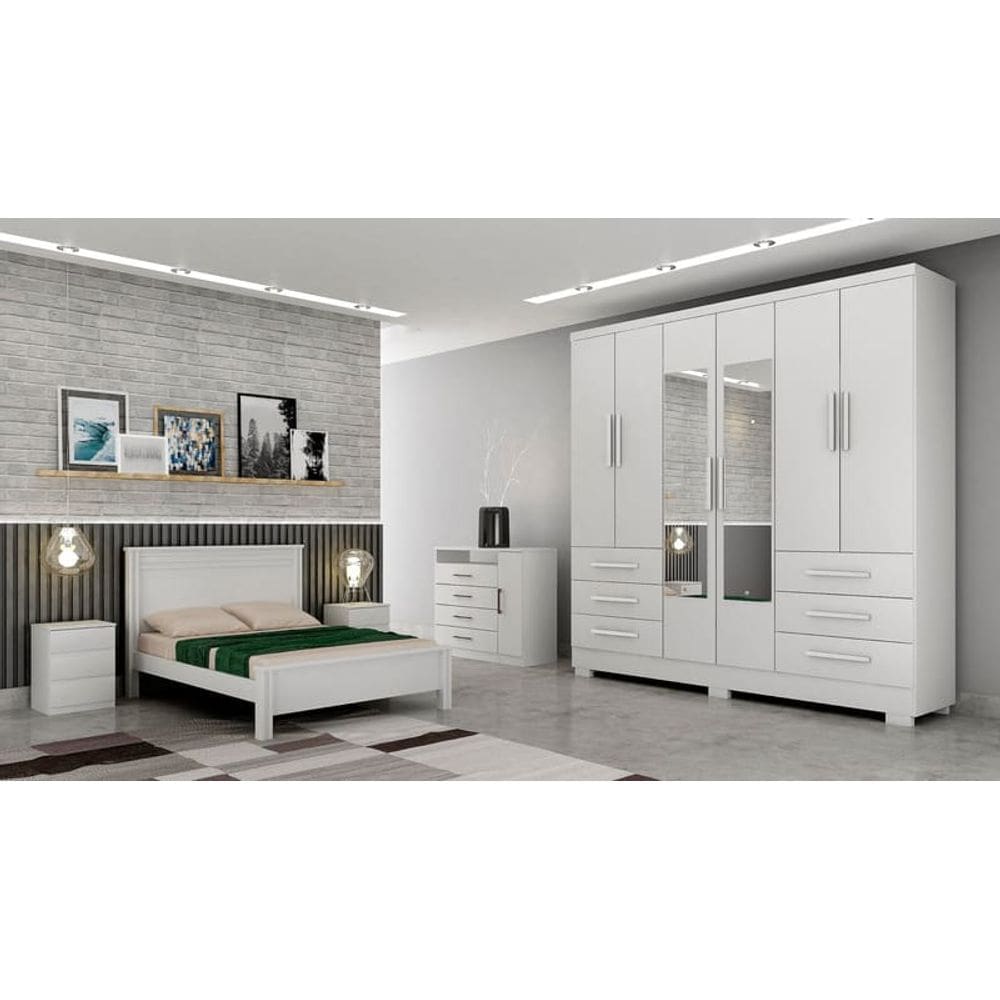 Guarda Roupa Solteiro com Espelho 6 Portas 6 Gavetas - Berlim-Branco - Móveis Novo Horizonte