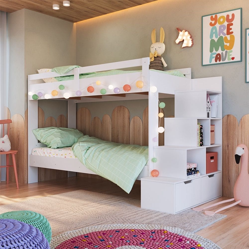 Beliche Infantil com Escada, Nichos e Gavetas BI001 Linha Infanto Branco Completa Móveis