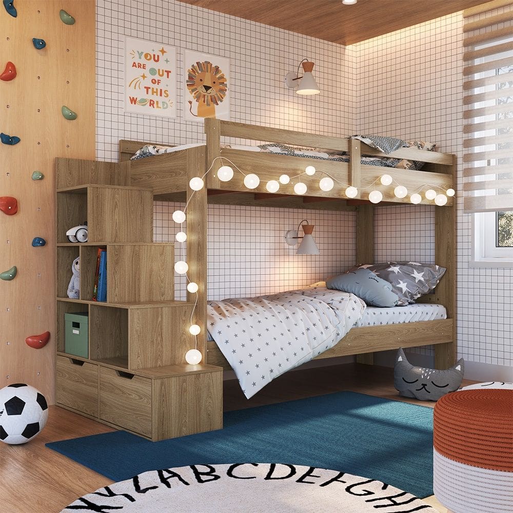 Beliche Infantil com Escada, Nichos e Gavetas BI001 Linha Infanto Aveiro OAK Completa Móveis